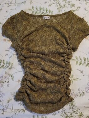 Ruched Short-Sleeve Olive Lace Top